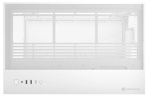 Un boîtier d'ordinateur blanc avec des ports frontaux et une grille de ventilation. Il dispose de ports USB, d'un bouton marche/arrêt et d'un lettrage 'Constellation'.