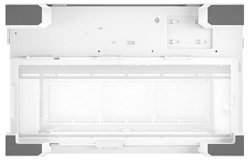 Un dispositif technique blanc vu de dessus, de forme rectangulaire, avec une grille de ventilation au centre et quatre amortisseurs noirs aux coins.