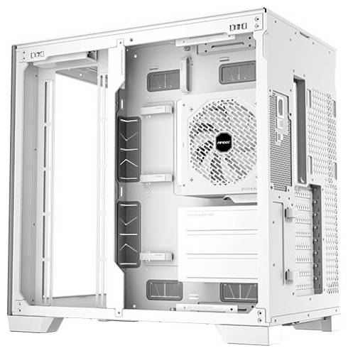 Un boîtier d'ordinateur blanc et vide avec un panneau latéral ouvert révèle des emplacements pour lecteurs et ventilateurs, prêt à accueillir du matériel informatique.