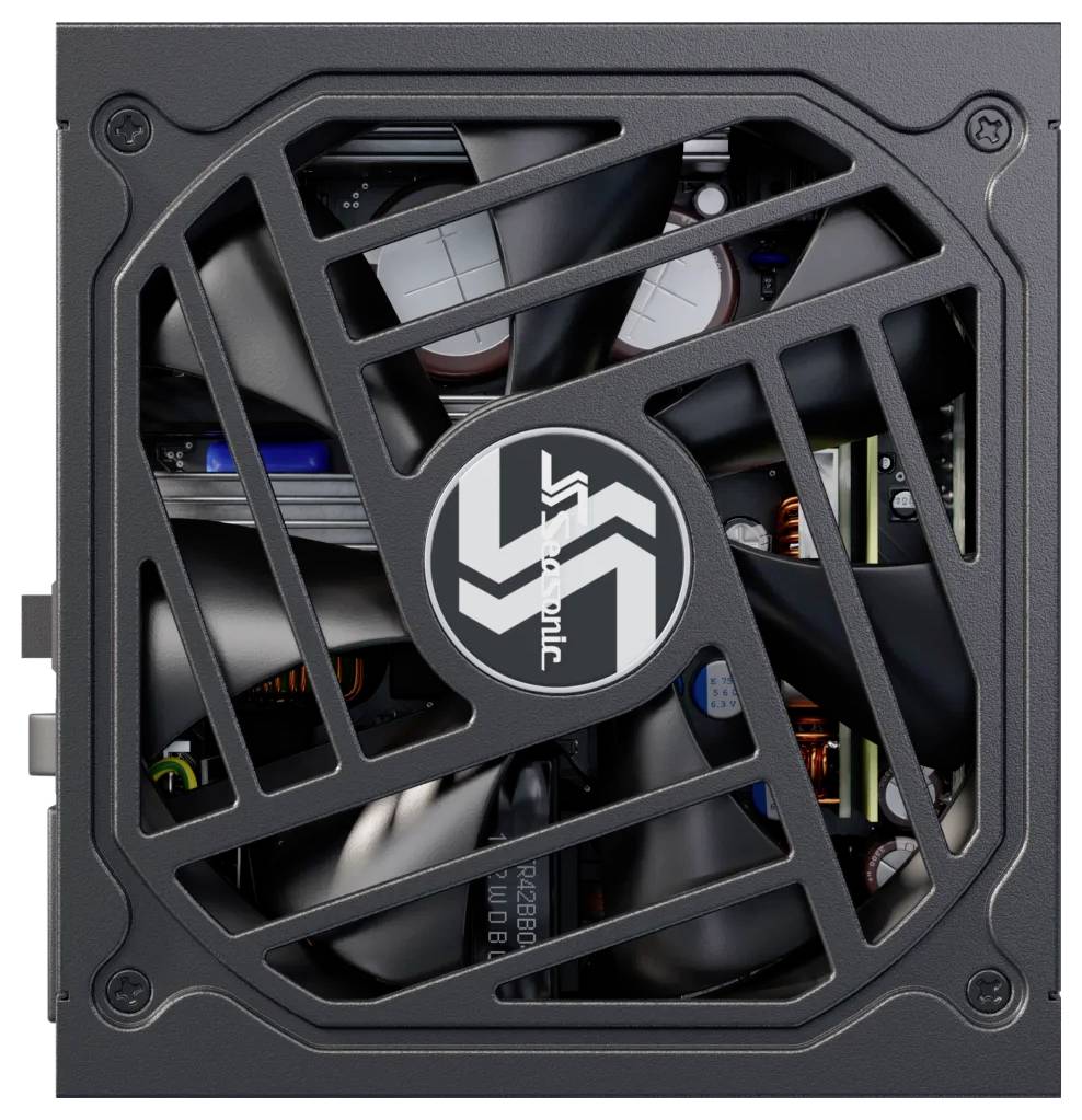 Un bloc d'alimentation pour ordinateur au design ouvert, avec l'intérieur et les ventilateurs visibles, monté sur une plaque carrée en métal.