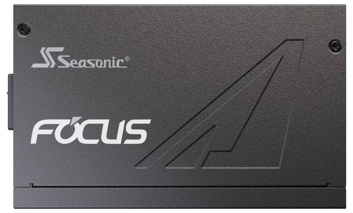Bloc d'alimentation Seasonic Focus en noir avec logo.