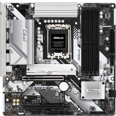 Une carte mère ASRock avec socket CPU, emplacements RAM et plusieurs connecteurs et composants sur un fond noir.