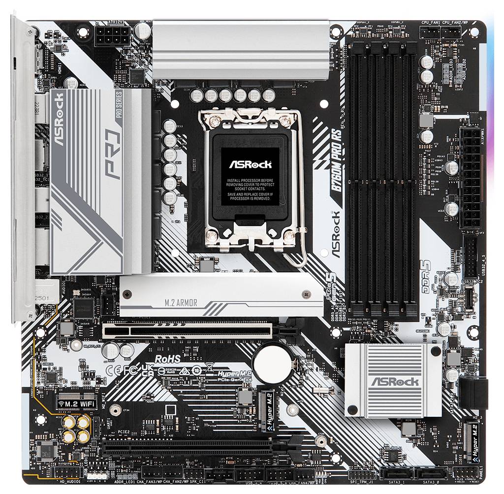 Carte mère ASRock avec socket Intel, quatre emplacements RAM, slots PCIe et couvercles de refroidissement. Idéale pour les assemblages de PC.