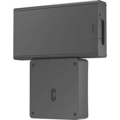 Partie grise rectangulaire d'un appareil avec une forme irrégulière présentant des ouvertures et des trous de vis, sur un fond blanc.
