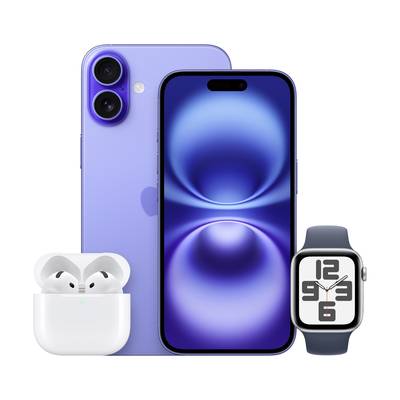 Un smartphone, une montre connectée et des écouteurs sans fil en bleu et blanc sont représentés, symbolisant la technologie et la connectivité.