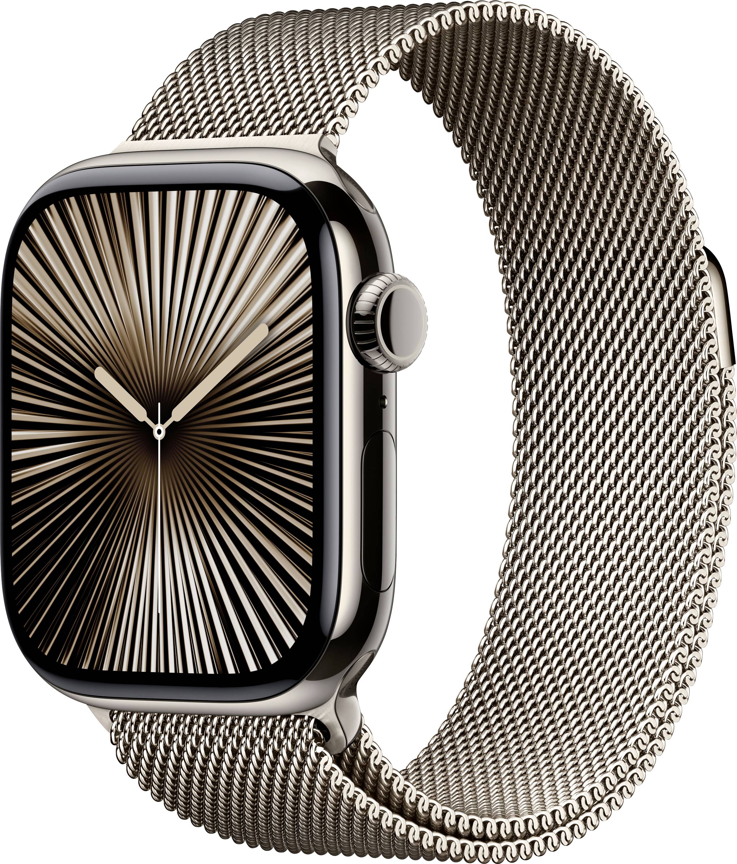 Une montre connectée avec un bracelet en métal tressé et un écran affichant un motif rayonnant. Design et technologie haut de gamme.