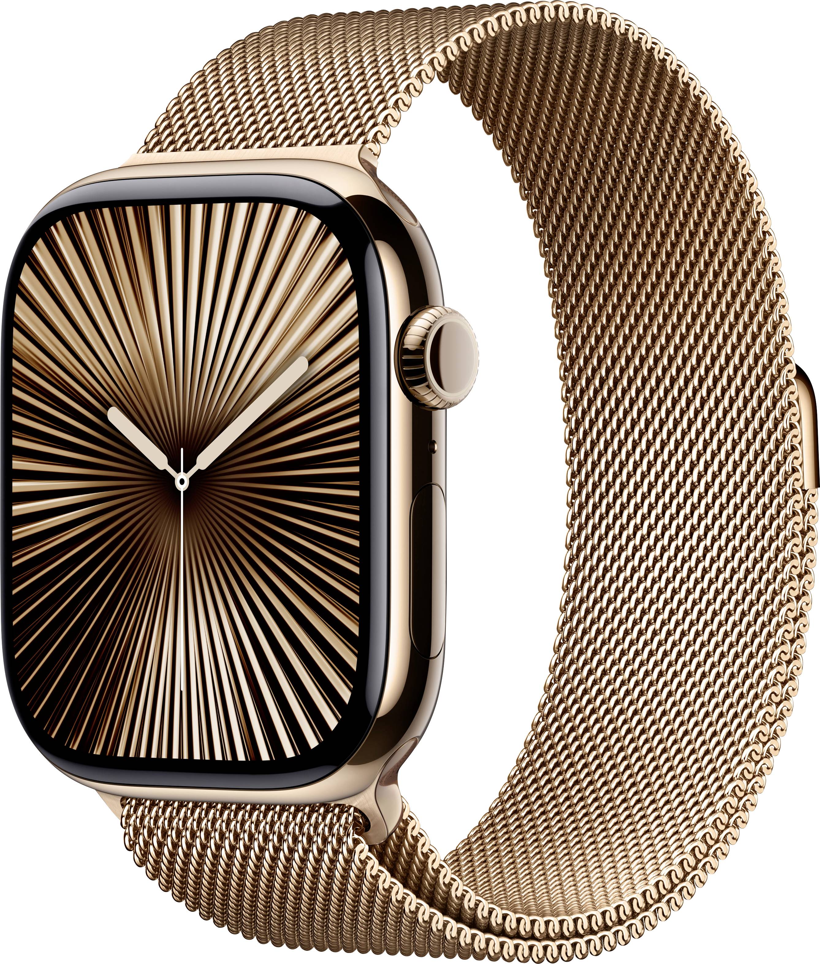 Une montre connectée dorée avec un cadran au design minimaliste et un bracelet à maille fine.
