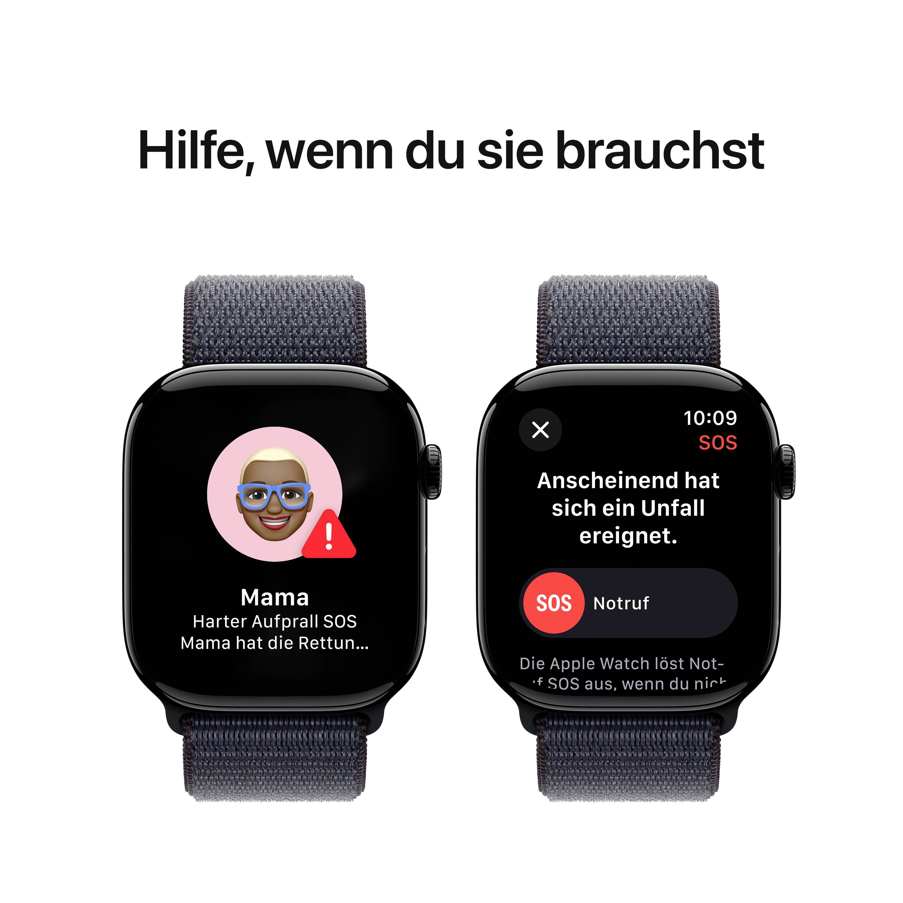 Deux montres connectées avec notification 'SOS Maman' indiquant un accident. Texte en haut : 'De l'aide quand tu en as besoin'.