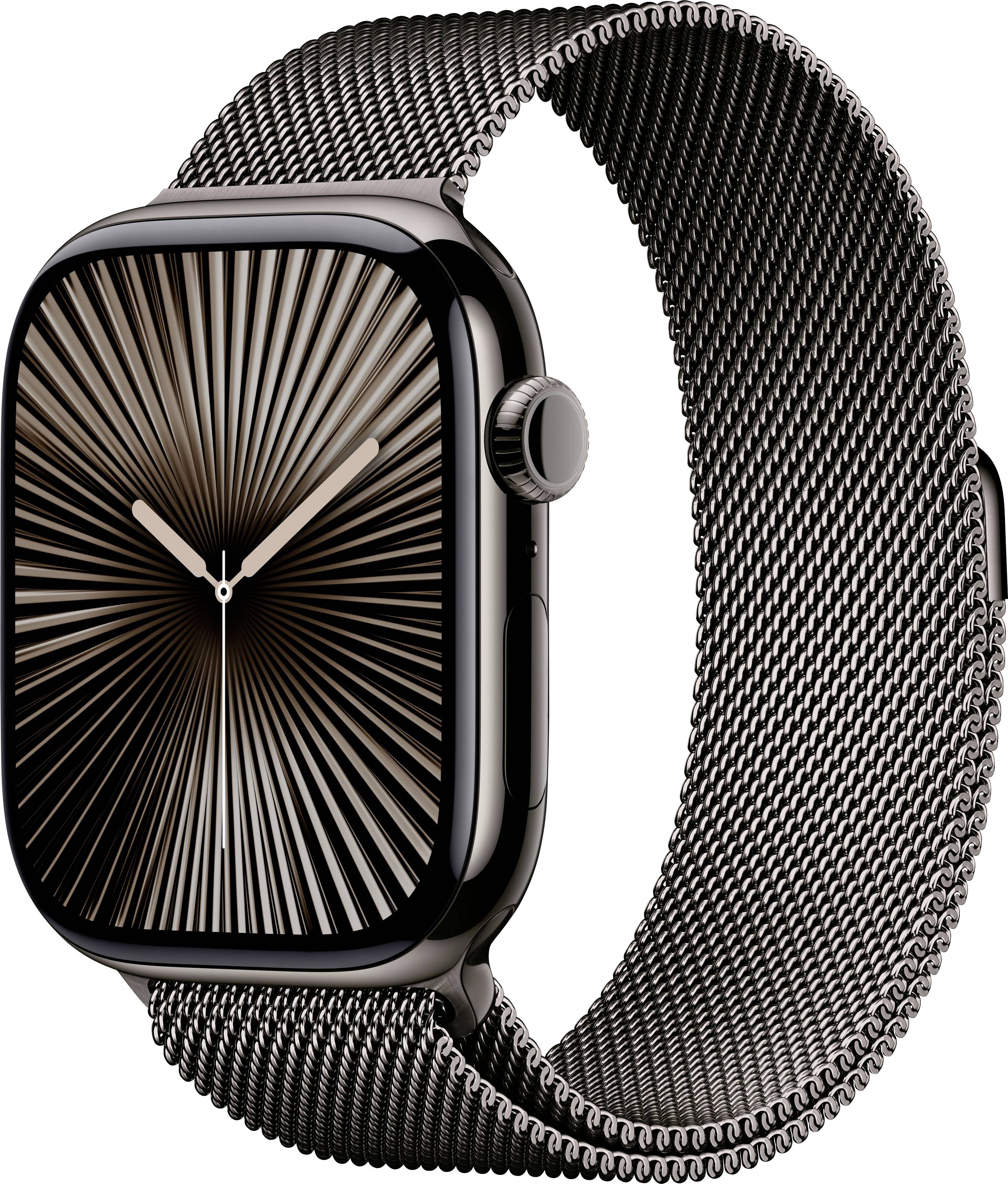 Montre connectée avec bracelet sombre et cadran arborant un motif rayé radial, sans indication d'heure précise.