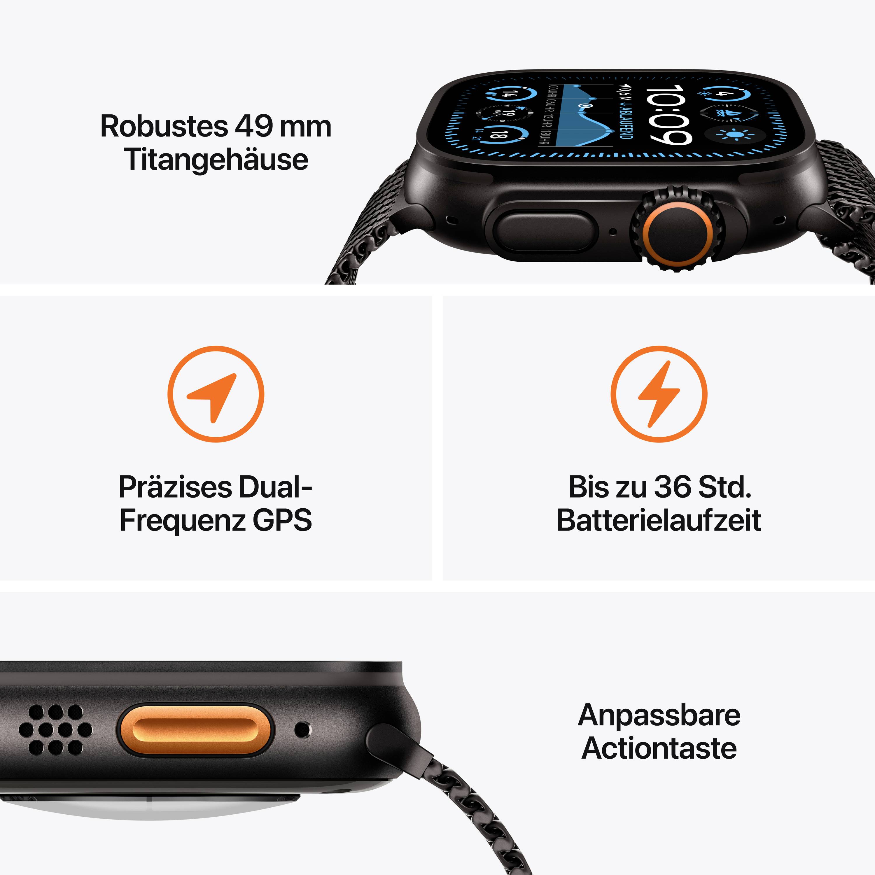 Montre connectée avec boîtier robuste de 49 mm, GPS précis, autonomie de 36 heures et touche d'action personnalisable. L'écran affiche l'heure et les différentes fonctions.