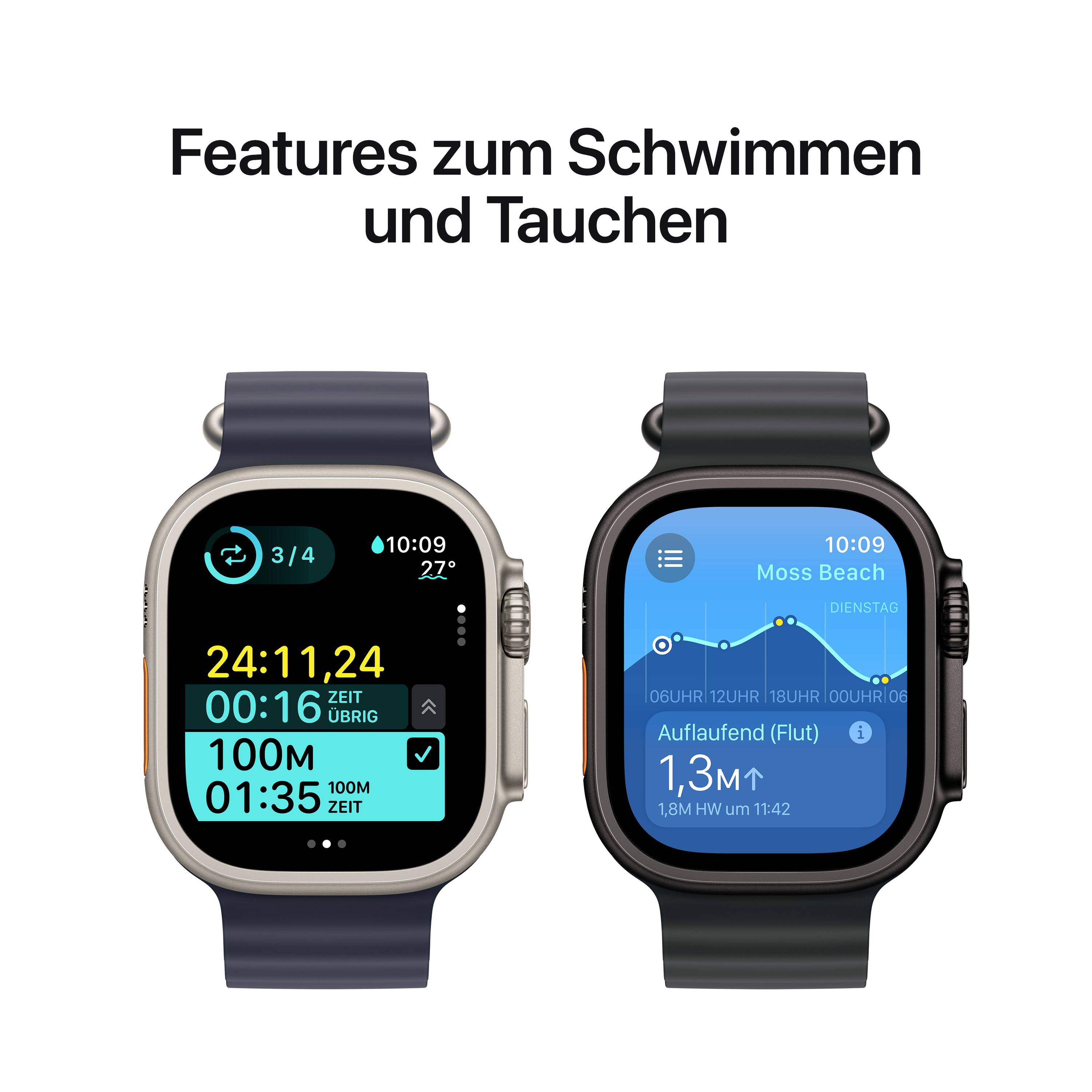 Deux montres connectées avec des écrans bleus affichent des fonctionnalités de natation et de plongée, telles que le temps, la profondeur et les informations de localisation.
