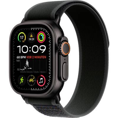 Une montre connectée avec un bracelet noir affiche l'heure 10:09. Diverses données de fitness et des icônes d'applications sont visibles sur l'écran.