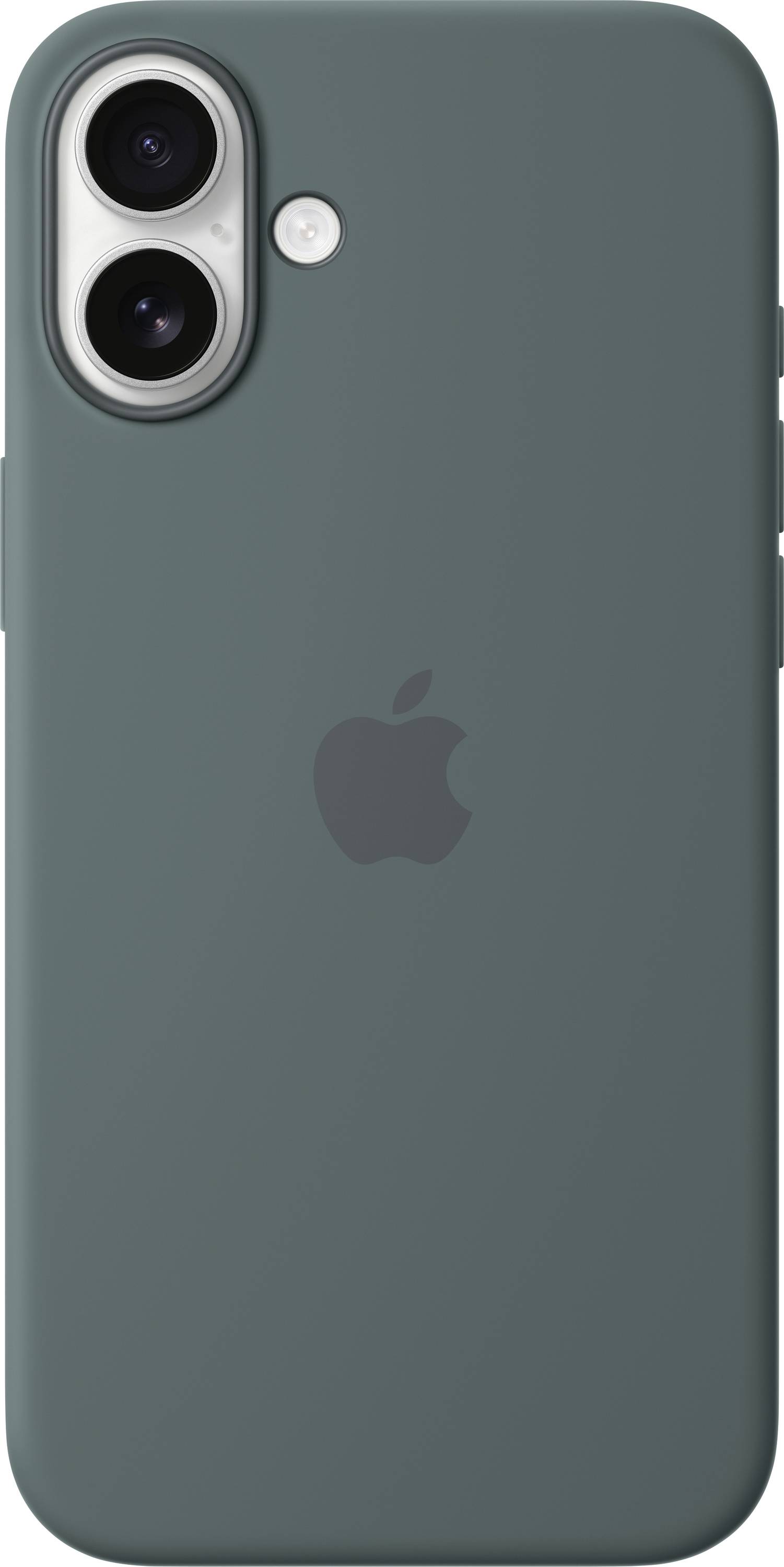 Vue arrière d'un smartphone vert foncé avec deux objectifs de caméra, un flash et un logo de marque au centre.