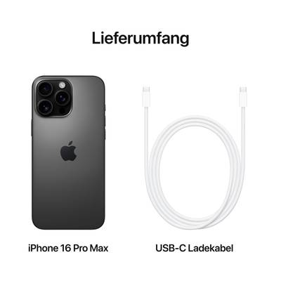 Contenu de la livraison de l'iPhone 16 Pro Max : L'illustration montre le smartphone noir et un câble de charge USB-C.