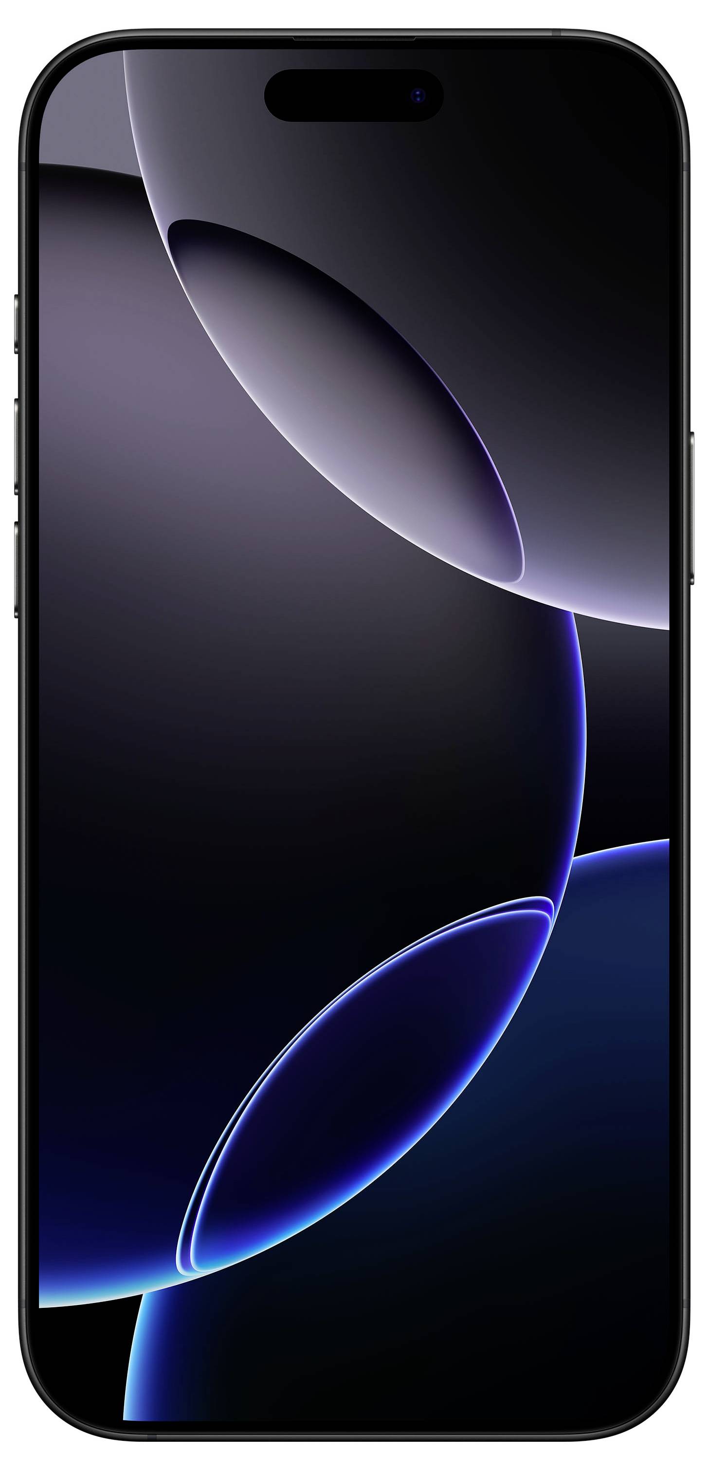 Un smartphone à l'écran noir aux coins arrondis, affichant une représentation abstraite avec des cercles sombres.
