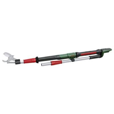 Sécateur électronique avec manche télescopique en noir et vert. Adapté pour couper les branches hautes dans le jardin.