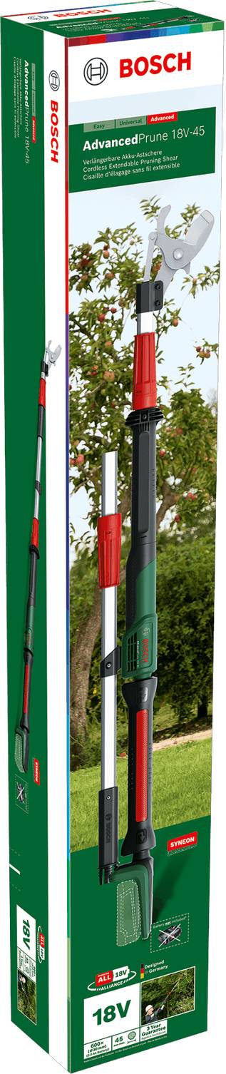 Emballage d'un sécateur Bosch. L'image du produit montre un sécateur vert à batterie avec une longue poignée. Le nom de la marque et les spécifications sont visibles sur l'emballage.