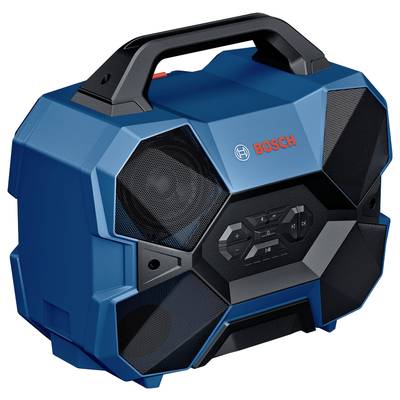 Radio portable bleu Bosch avec boîtier robuste et grand format, équipé de haut-parleurs et de commandes sur la façade, adapté aux chantiers.