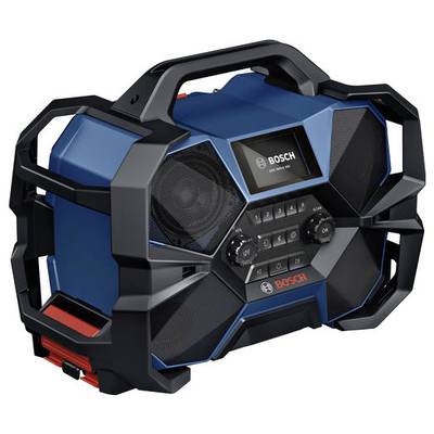 Une radio portable Bosch avec un cadre de protection robuste, des haut-parleurs et des commandes à l'avant, idéale pour les chantiers.