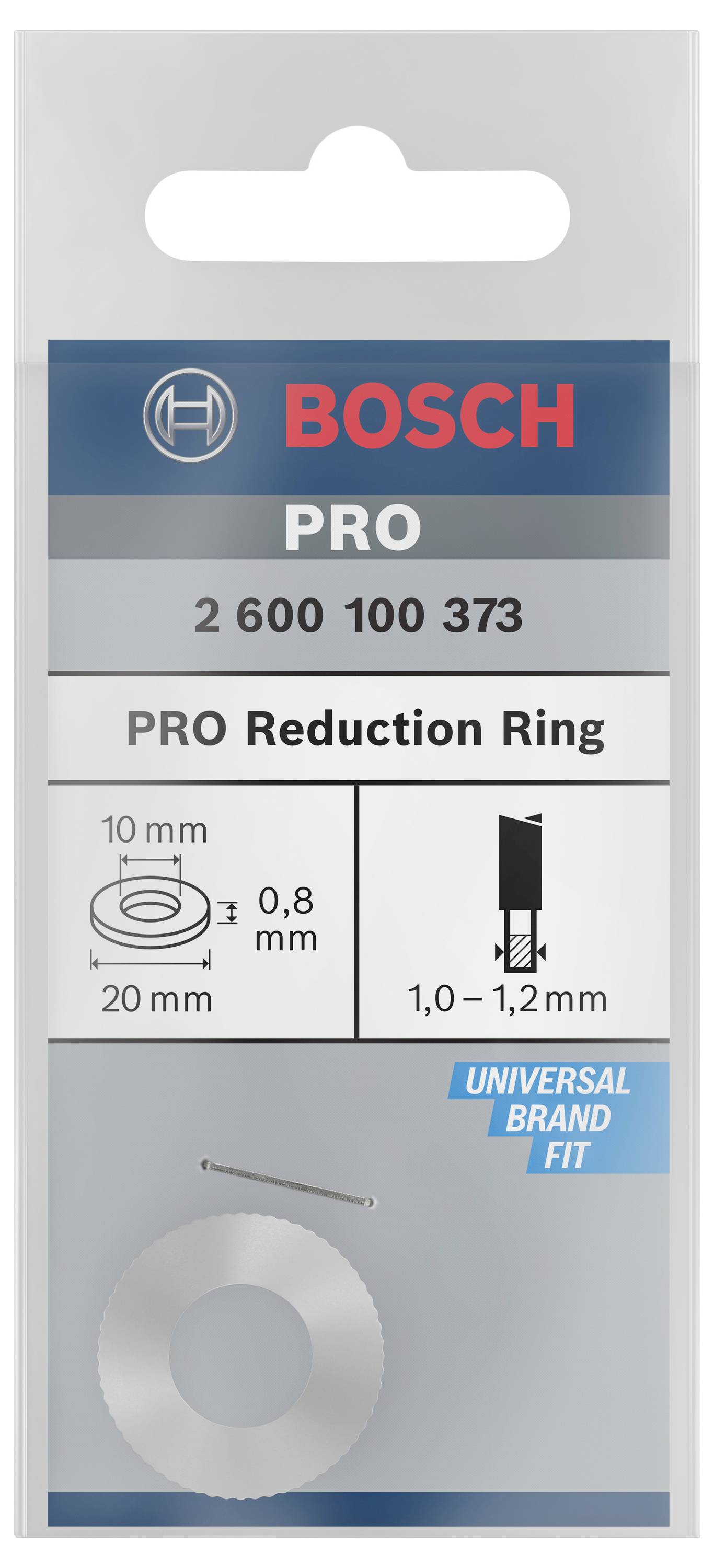 Emballage d'une bague de réduction Bosch PRO avec dimensions 10 mm de diamètre intérieur, 20 mm de diamètre extérieur, épaisseur 0,8 mm. Compatible avec lame de scie de 1,0–1,2 mm.