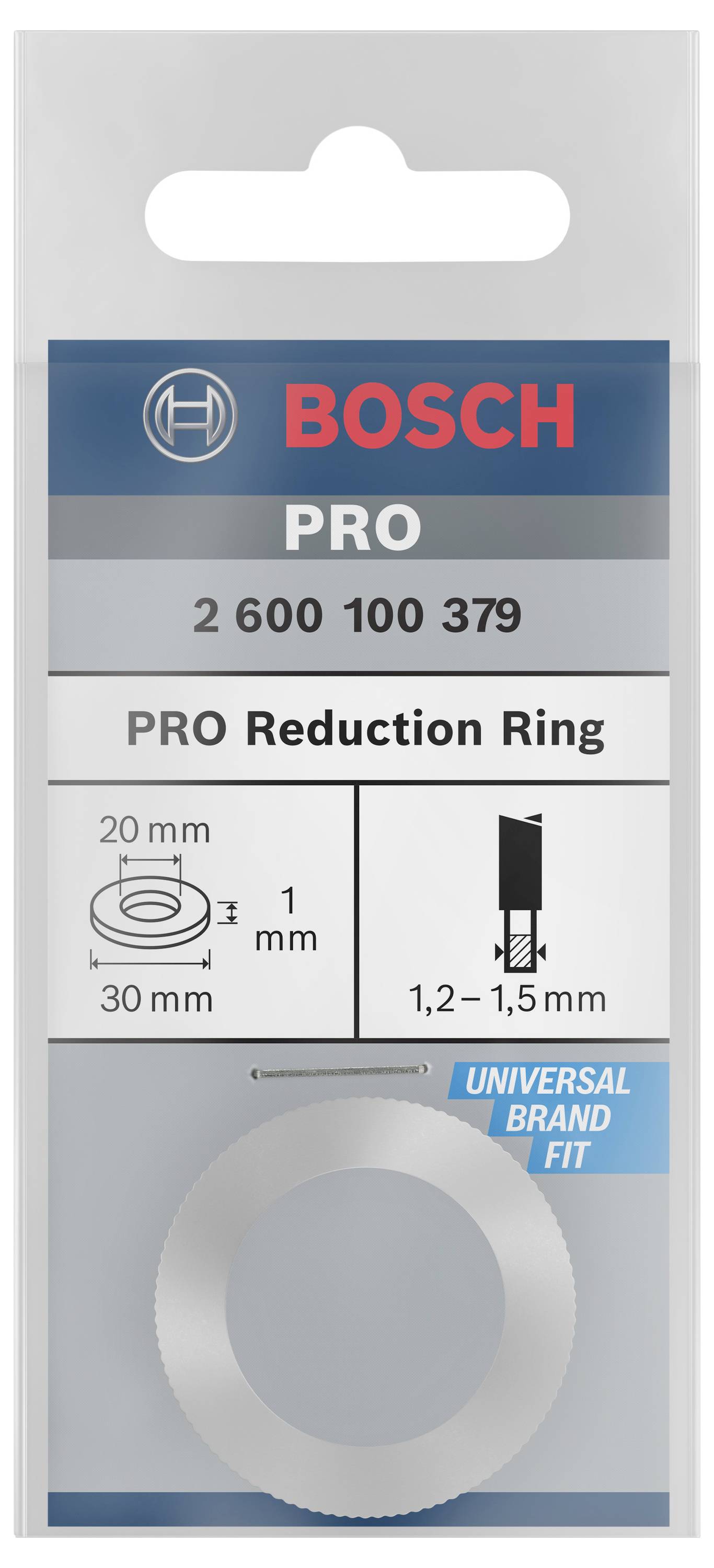 Image d'emballage d'une bague de réduction Bosch PRO, 20 mm extérieur, 10 mm intérieur, 1 mm d'épaisseur. Ajustement universel de marque.
