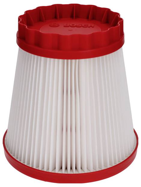 Le filtre à air conique de Bosch illustré est composé de plis blancs et possède des extrémités rouges.