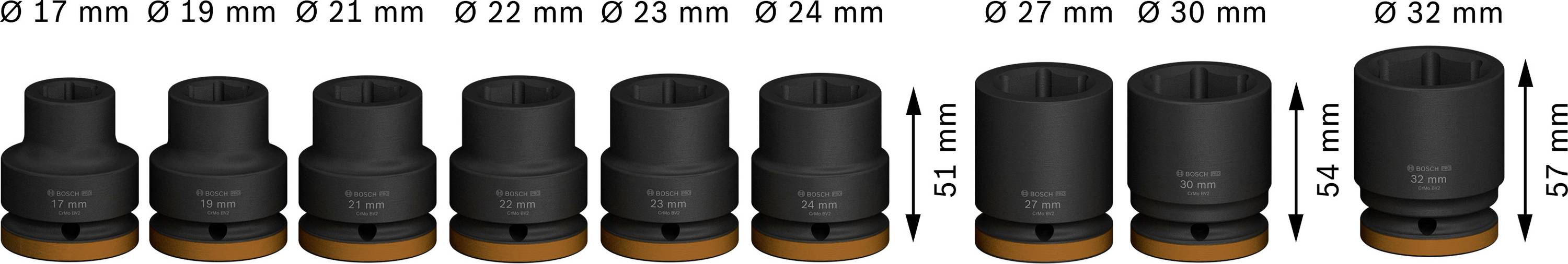 Jeu de douilles de différentes tailles de 17 mm à 32 mm, classées de gauche à droite, avec des hauteurs de 51 mm à 57 mm.