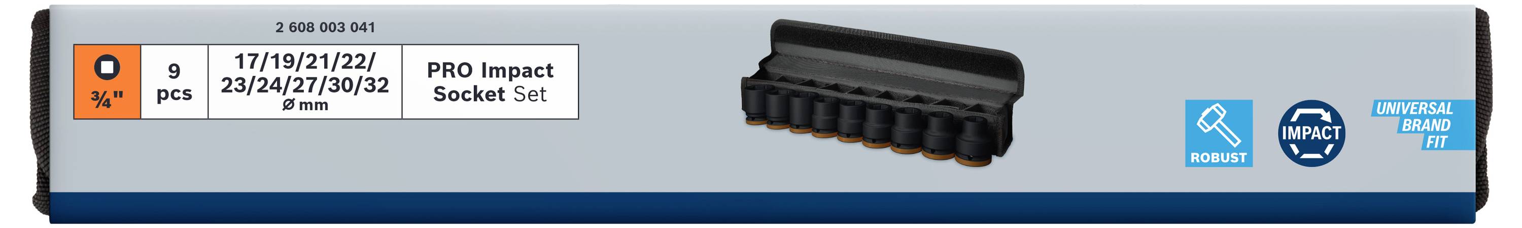 Coffret de douilles à chocs 'PRO Impact Socket Set' avec 10 douilles de tailles 17-32 mm. Symboles pour 'Plus résistant', 'Chocs', 'Ajustement marque officielle'.