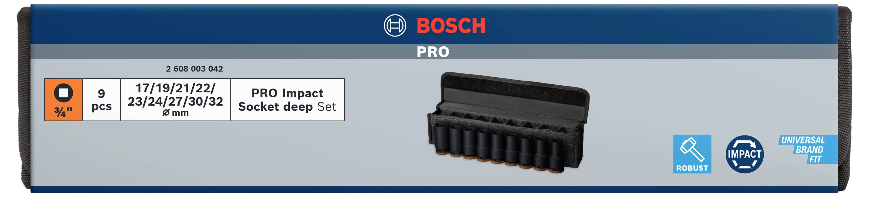 L'image montre un emballage de jeu de douilles à chocs Bosch PRO Impact avec 9 douilles profondes de 17 mm à 32 mm et technologie résistante aux chocs.