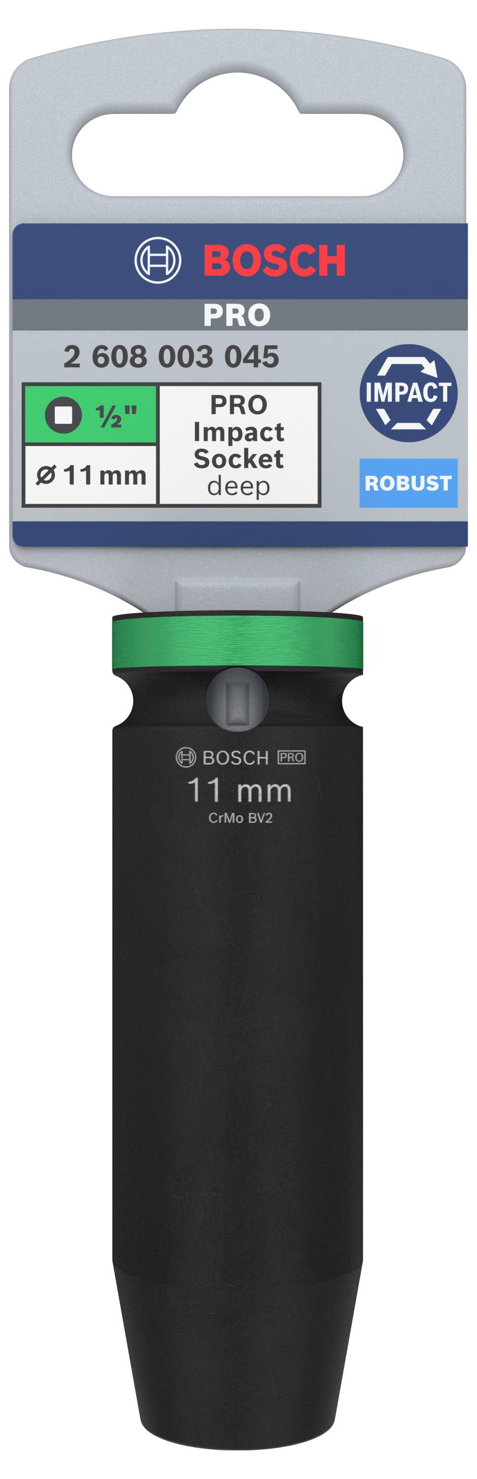 « Douille à chocs Bosch PRO, 11 mm, robuste » est inscrit sur l'emballage. Douille noire avec anneau vert en bas représentée.