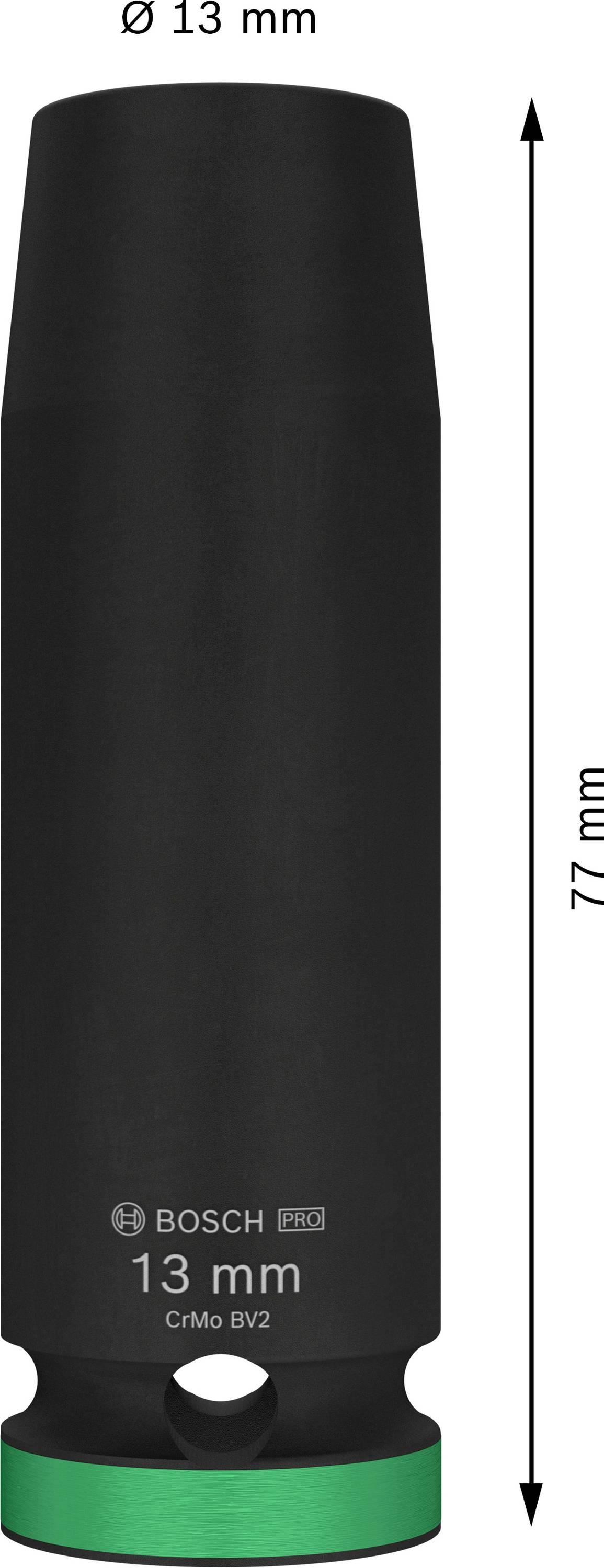 Illustration d'une douille Bosch de 13 mm, longueur 77 mm, avec revêtement noir et anneau vert à l'extrémité inférieure.