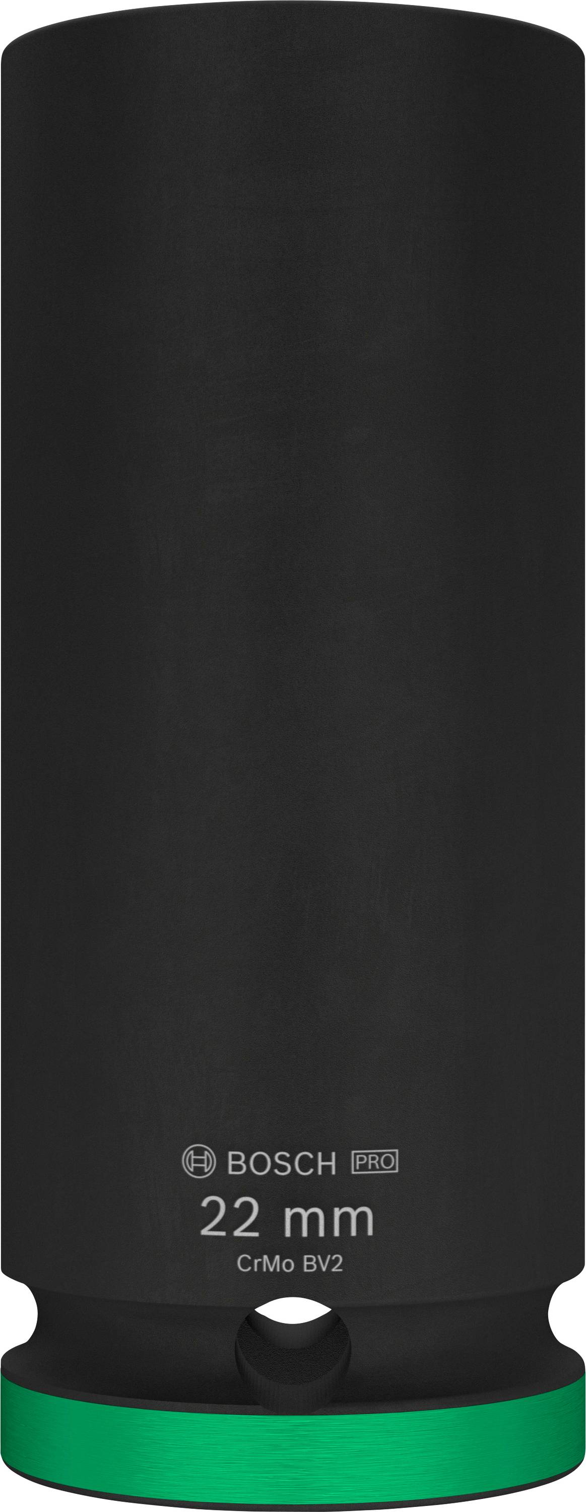 Une douille noire Bosch Pro, taille '22 mm', avec un anneau vert sur la face inférieure, adaptée aux travaux de vissage CrMo BV2.