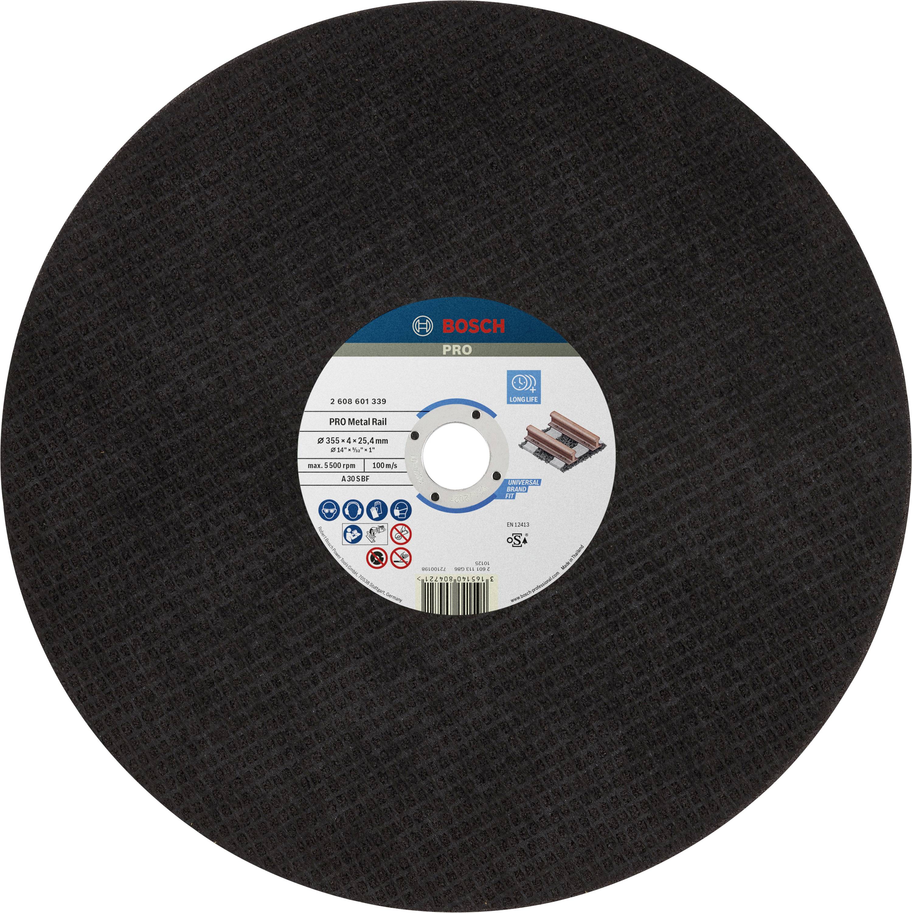 Disque de meulage en métal noir avec une étiquette bleu et blanc au centre. L'étiquette contient les spécifications techniques et le logo Bosch.