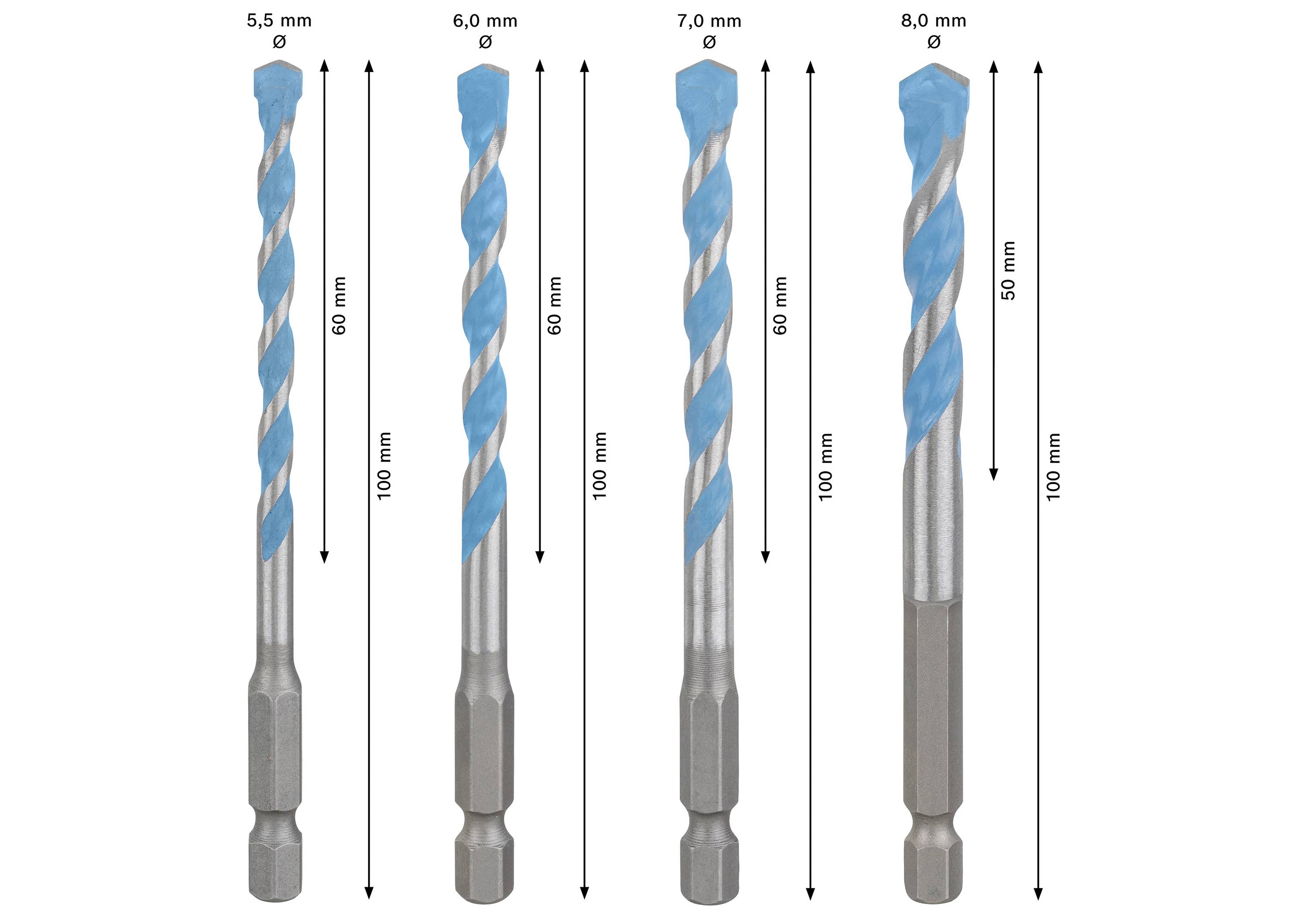 Quatre tailles de forets avec des diamètres de 5,5 mm, 6,0 mm, 7,0 mm et 8,0 mm et des longueurs de 100 mm. Tous ont des pointes bleues.