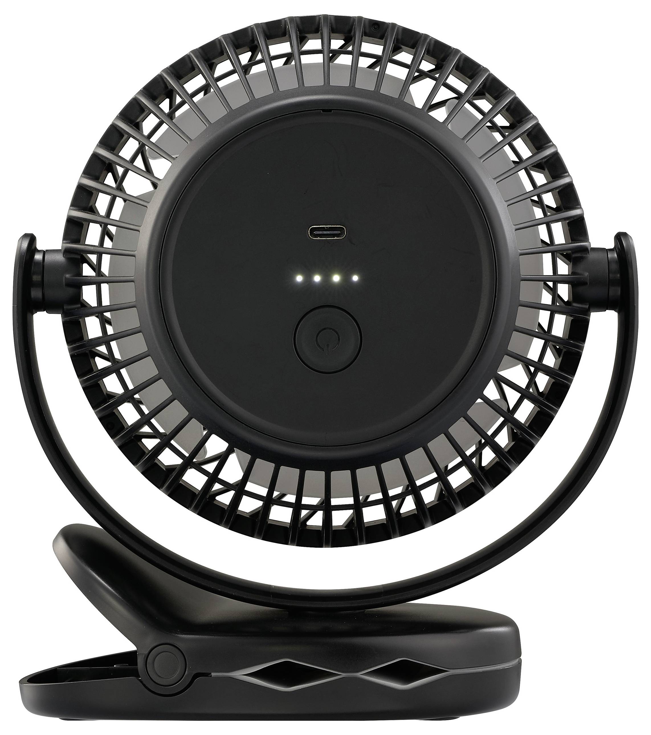Un petit ventilateur rond noir avec une connexion USB et un indicateur de niveau de charge. Il est équipé d'un clip de fixation.