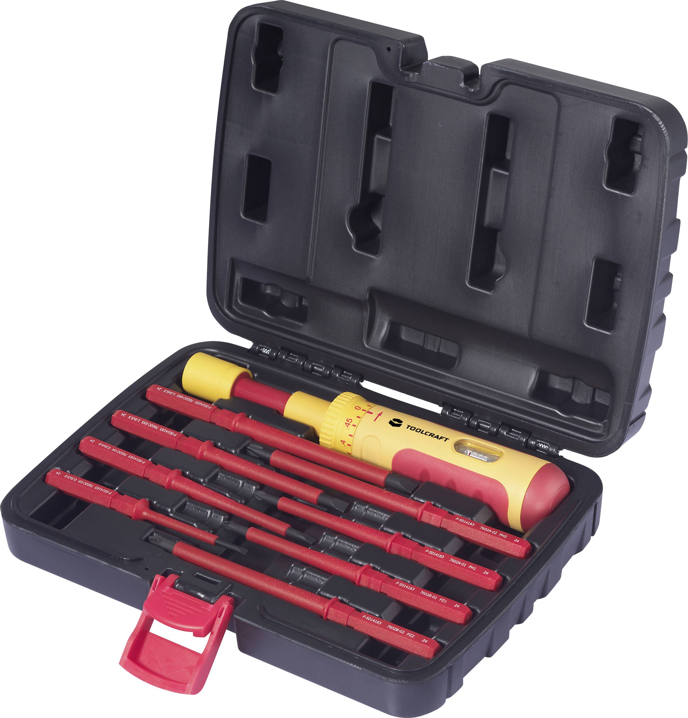 Un ensemble de tournevis isolés avec sept lames interchangeables et une poignée, rangés dans un coffret en plastique noir.