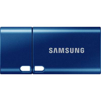 Une clé USB bleue portant l'inscription « Samsung ».