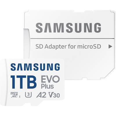 Carte microSD Samsung 1To EVO Plus avec adaptateur SD. Adaptée au stockage rapide et aux grands volumes de données.