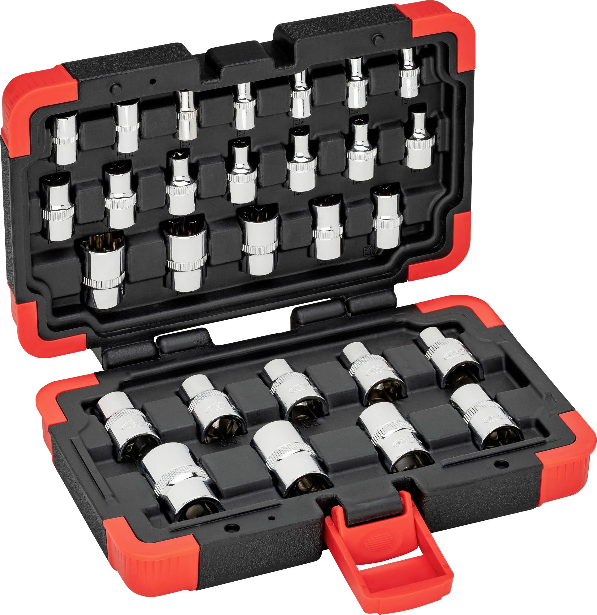 Une boîte à outils rouge ouverte contenant plusieurs douilles de différentes tailles, rangées dans des insertions de forme.