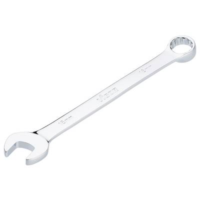 Une clé à molette chromée avec une extrémité ouverte et une extrémité à anneau, de taille 16 mm, sur un fond blanc.