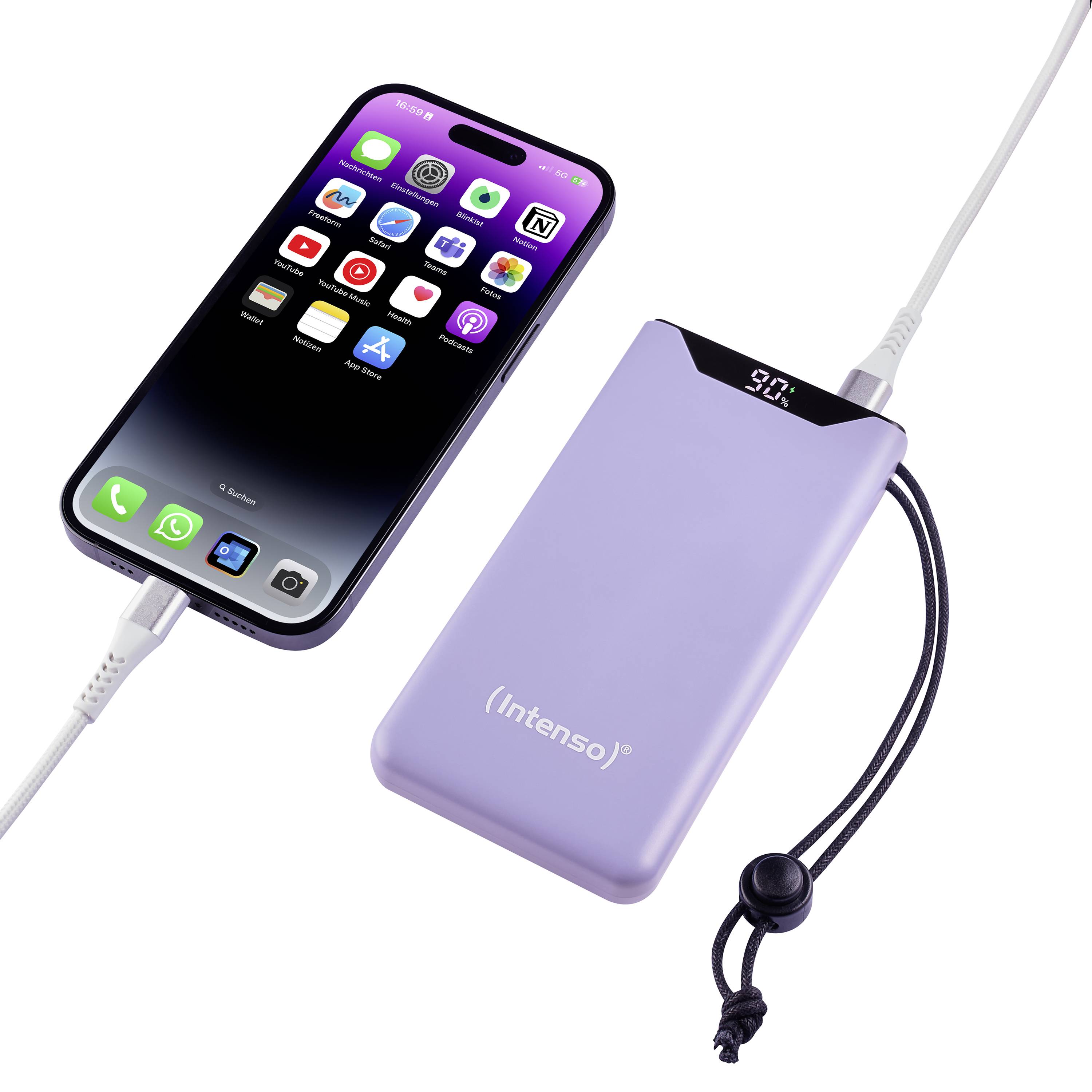 Un smartphone et une batterie externe violette sont connectés par un câble ; l'écran du smartphone affiche des applications, et la batterie externe indique son niveau de charge.
