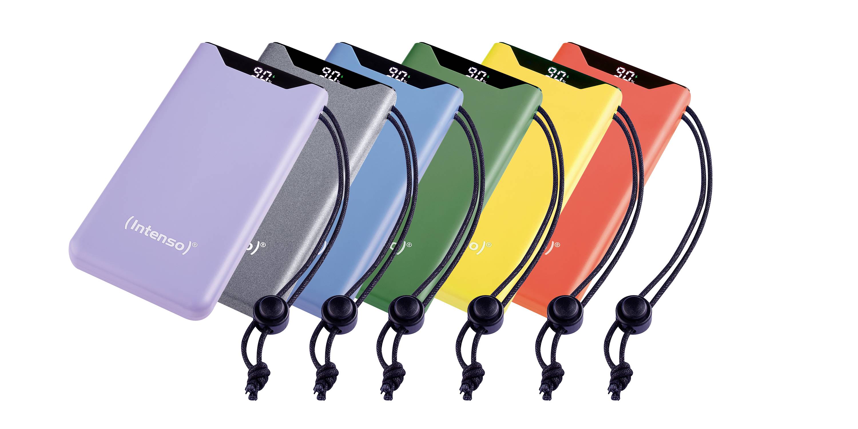 Plusieurs batteries externes colorées sur une surface futuriste, chacune avec un cordon, représentées en vert, gris, rouge, jaune, violet et bleu.