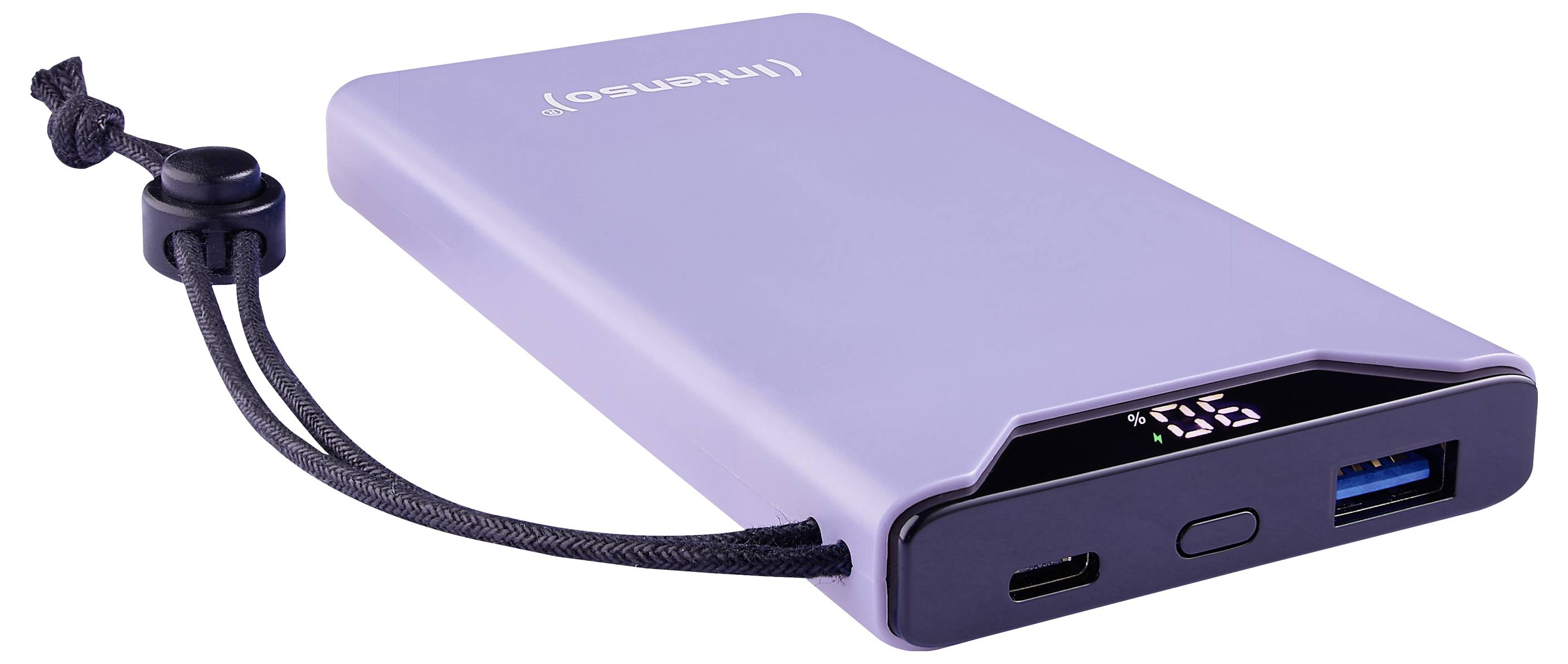 Powerbank Lila avec ports USB sur le côté, un indicateur LED sur le dessus et une courte lanière noire.