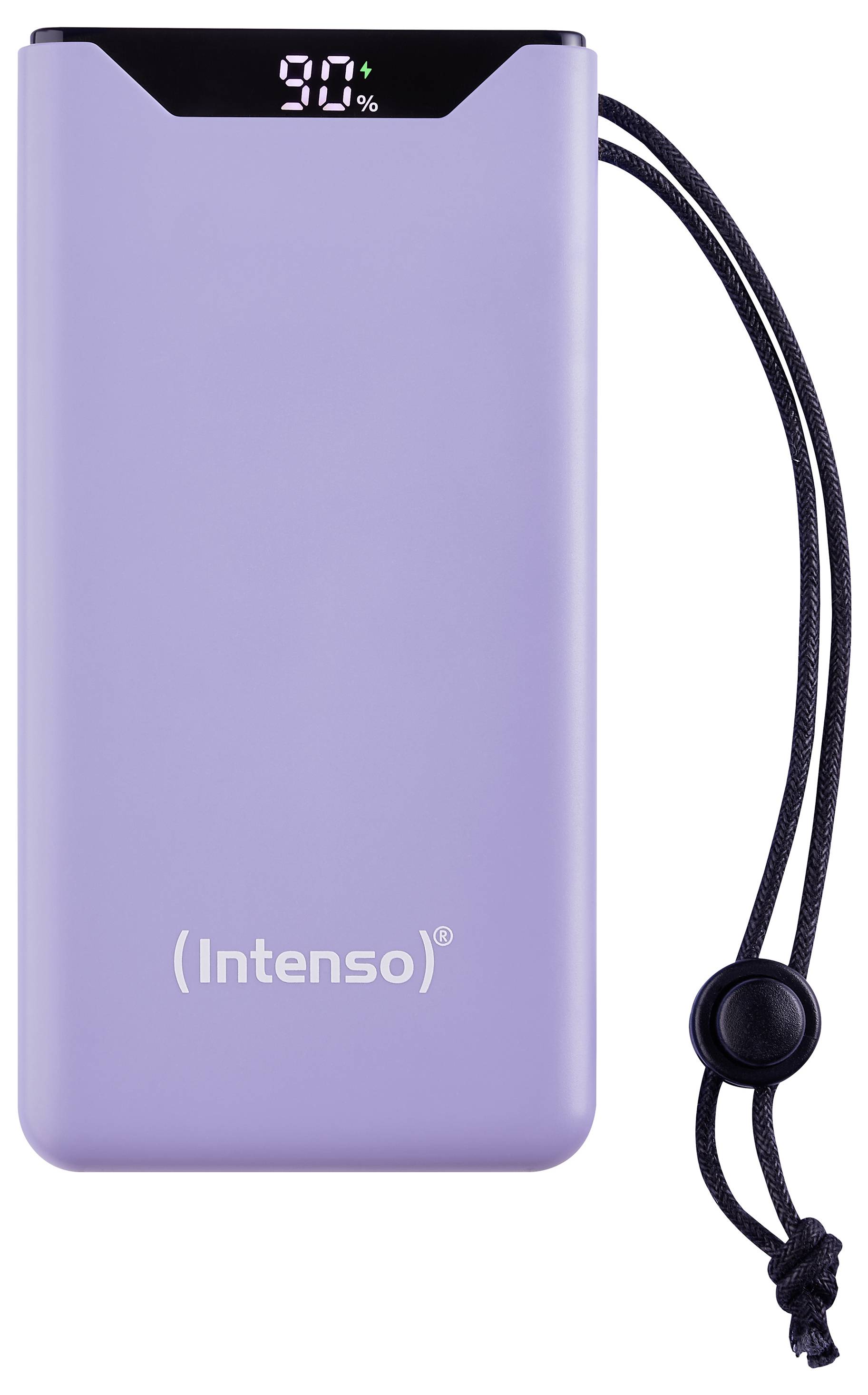 Une batterie externe violette de 'Intenso' avec un affichage numérique indique un état de charge de 90%. Elle est équipée d'un cordon noir pour la fixation.