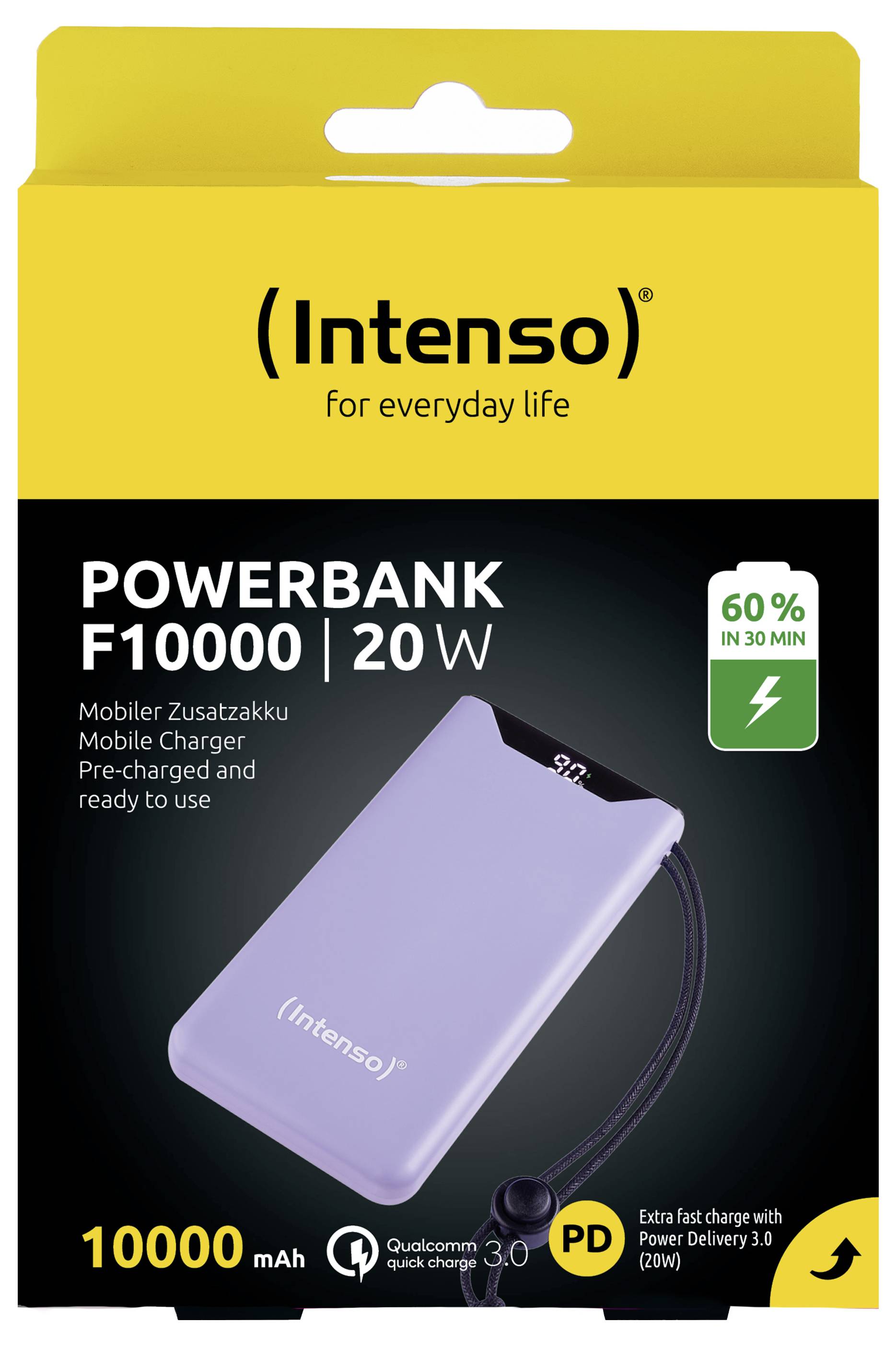 'Intenso Powerbank F10000 | 20 W' Emballage : Powerbank grise, 10000 mAh, 20 W, PD 3.0. Préchargée, 60 % chargée en 30 minutes.