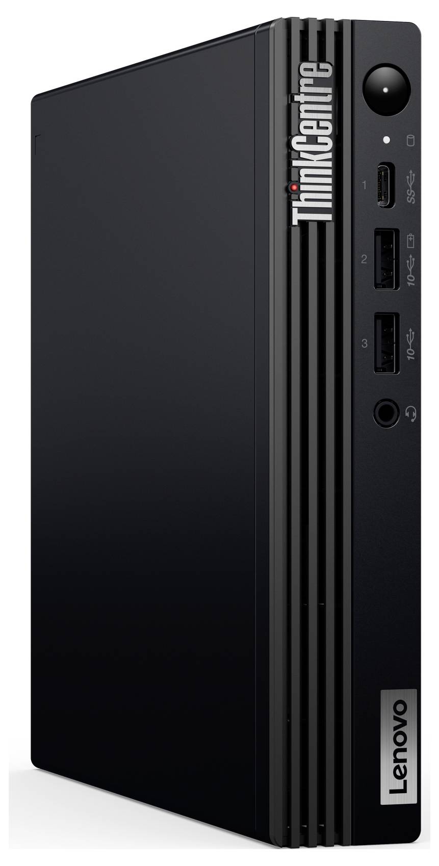 Mini-PC Lenovo ThinkCentre noir au design vertical, doté de plusieurs ports USB et d'un bouton d'alimentation rond sur la façade avant.