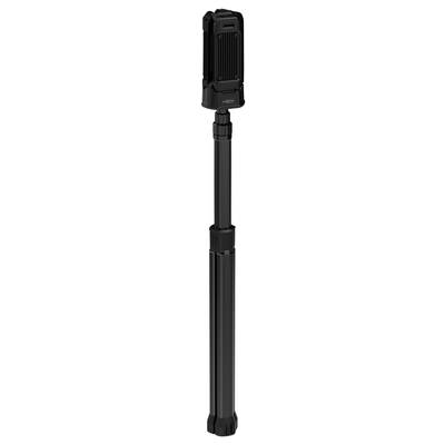 Un bâton à selfie noir rétractable avec un support pour smartphones à son extrémité supérieure, adapté à la photographie de voyage.