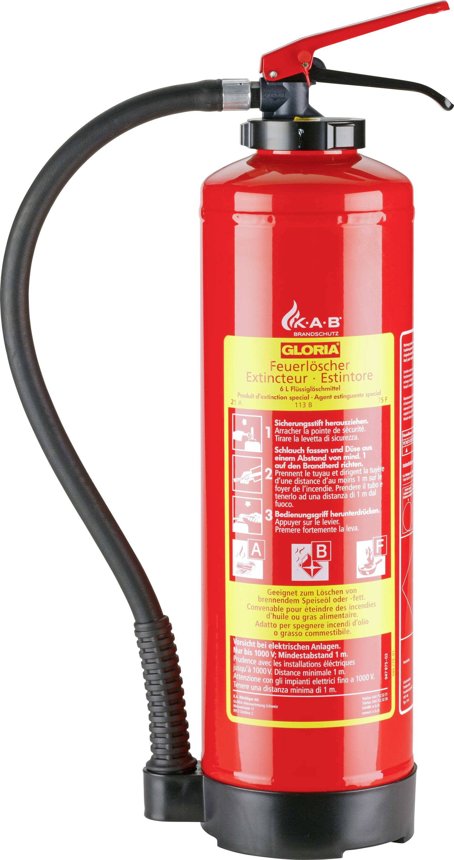 Un extincteur rouge avec un tuyau noir et un mode d'emploi sur l'étiquette, adapté aux classes de feu A et B.