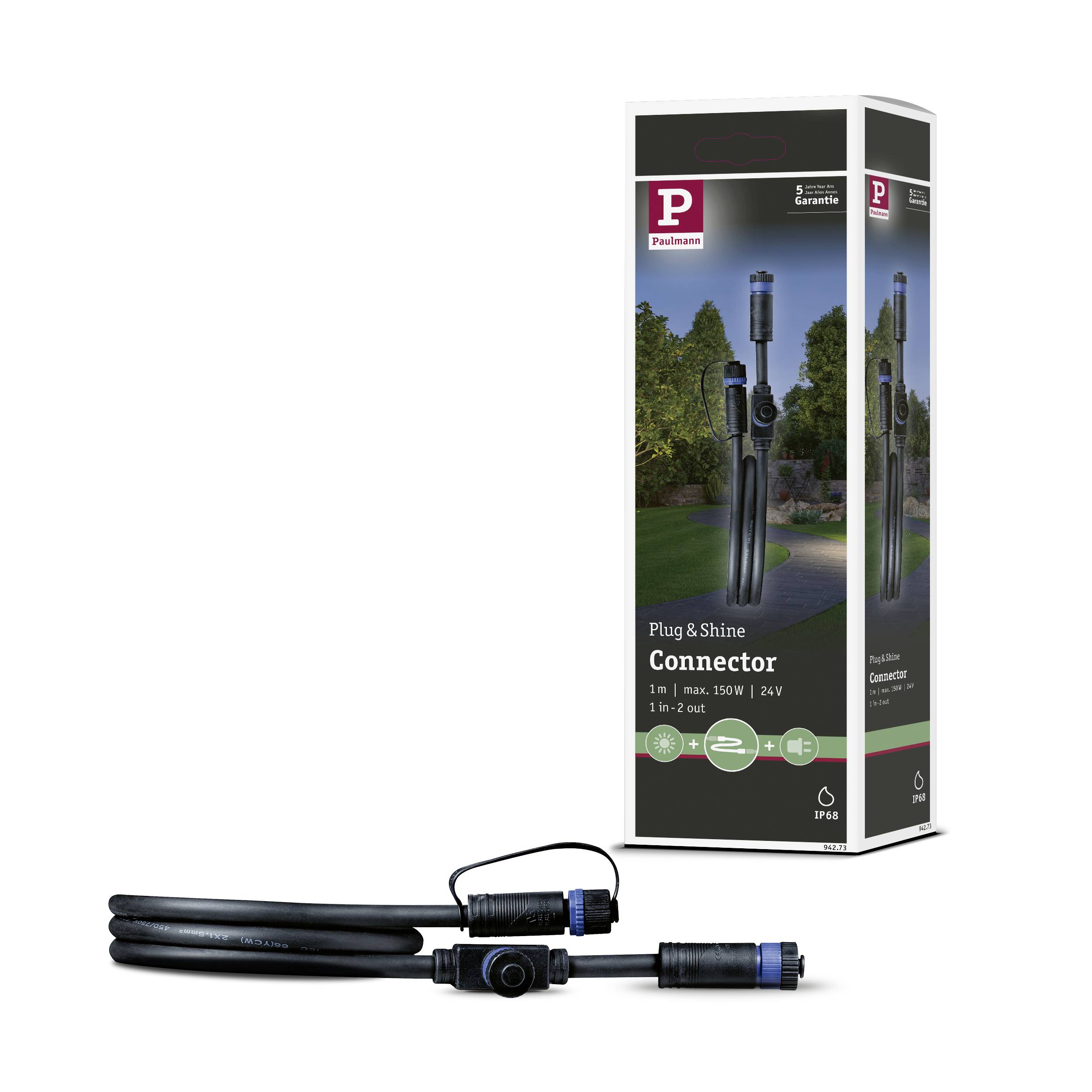 Connecteur 'Plug & Shine' avec un câble de 5 m. Classe de protection IP68, adapté pour une utilisation en extérieur.
