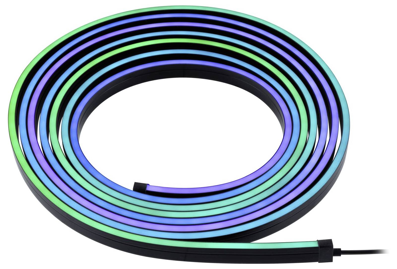 Bande lumineuse LED flexible en bleu et vert, enroulée.